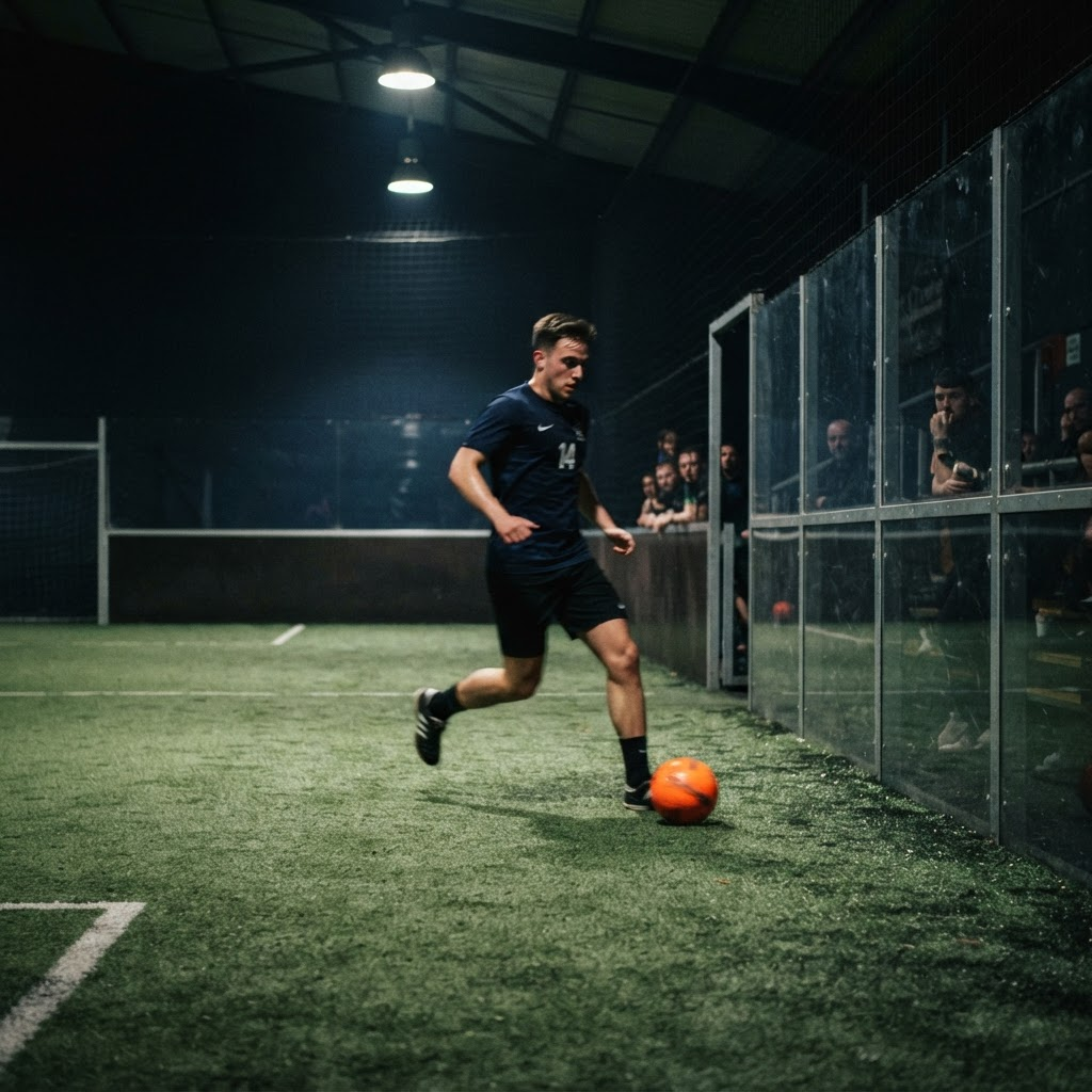 Igrač vodi loptu na indoor futsal terenu